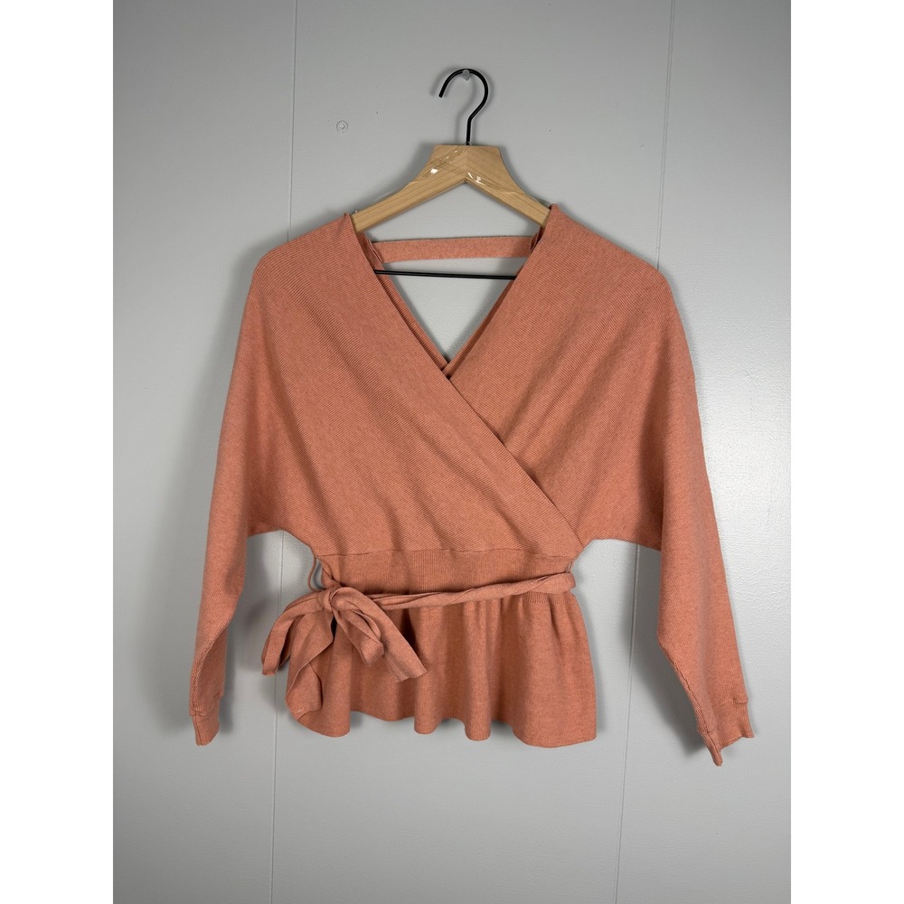 Active USA Balletcore Coquette Wrap Sweater Women Medium Pink Peplum Dolman Rib